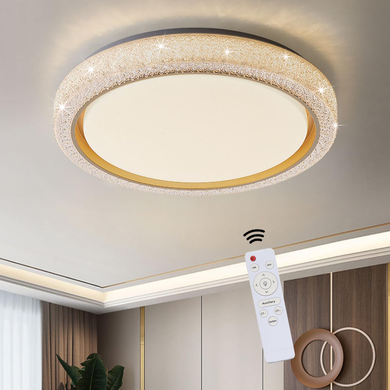 BOYKIM Crystal Ceiling Light with Remote,48W 19.7'' 3 Color Dimmable Gold Decorative Flush Mount LED Lighting Fixture for Living Room Dining Room Bedroom Kitchen Hallway（50CM）