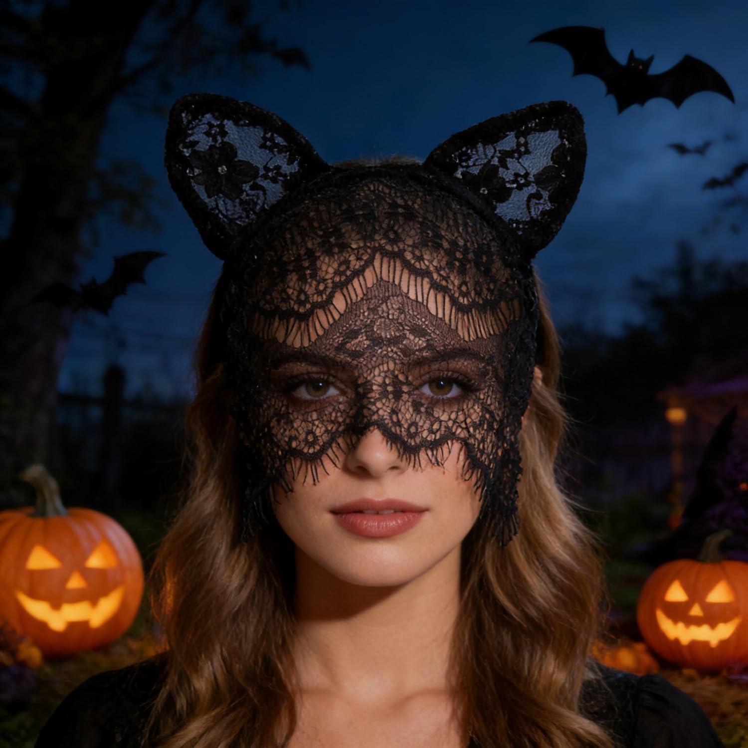 KIPETTO Women Cat Ears Headband with Lace Veil Sexy Black Lace Headwear for Halloween Cosplay Wedding Birthday Party - Image 3