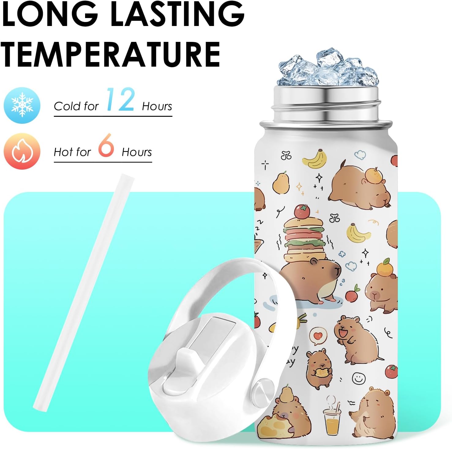 Capybara Gifts for Kids - 16oz Capybara Water Bottle with Straw Lid, Stainless Steel Insulated Bottle, Leak Proof, BPA-Free, Capybaras Cup for School, Travel, Kawaii Gift Cup Children Birthday(1pc) - Image 3