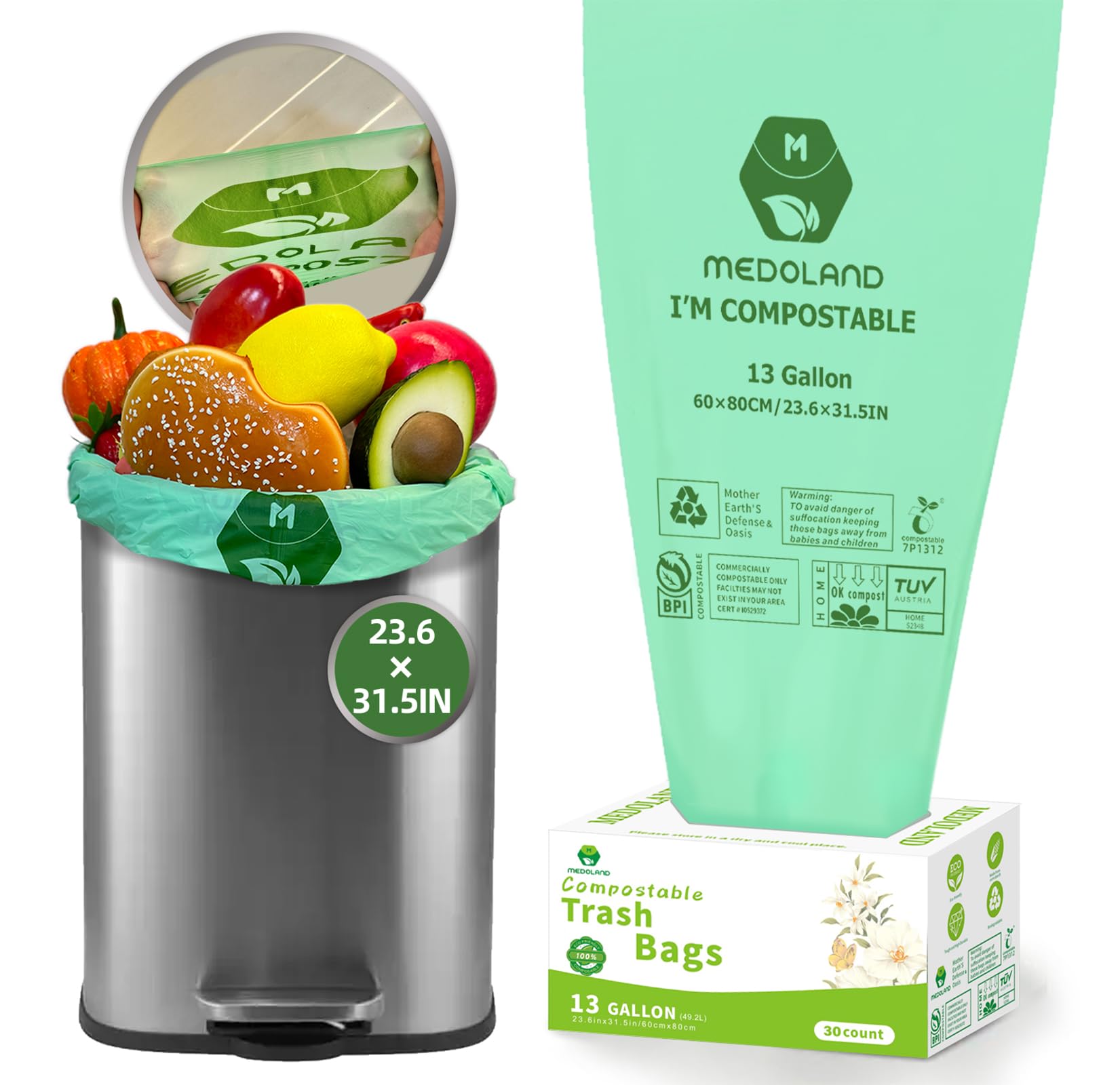 BPI Certified Compostable Trash Bags 13Gallon (30 Count) - 3X