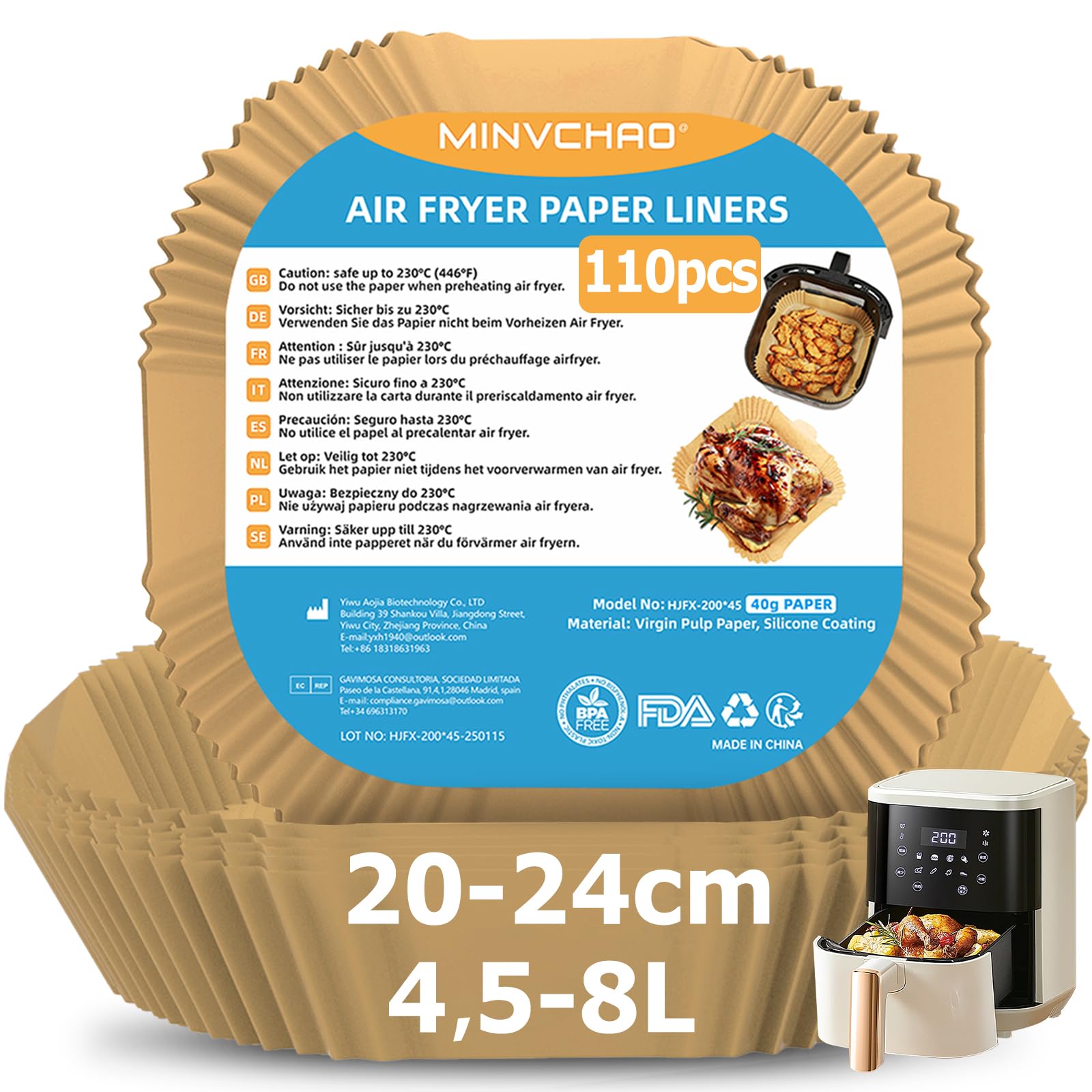 papel freidora aire 110 piezas Apto para freidora de aire caliente de 4,5L-8L Sin BPA papel air fryer cuadrado 20-24cm Compatible con COSORI Airfryer Cecotec Philips