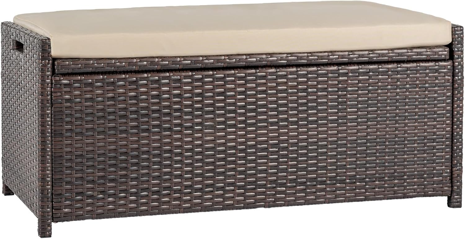 Deck Box Outdoor Storage Box Bench, PE Rattan Storage Bin with Built-in Handle and Beige Cushion for Pool and Garden Accessories