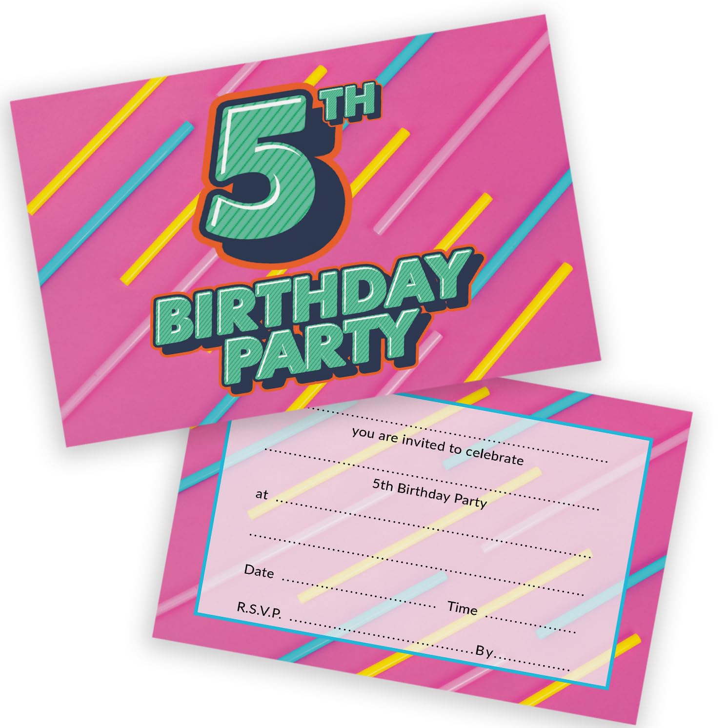 5th Birthday Party Invitations Kids - Funky Colours 36 Pack - Childrens Birthday Invitations for Boys/Girls A6 Bday Party Invites Invitation Cards with Folding Envelopes