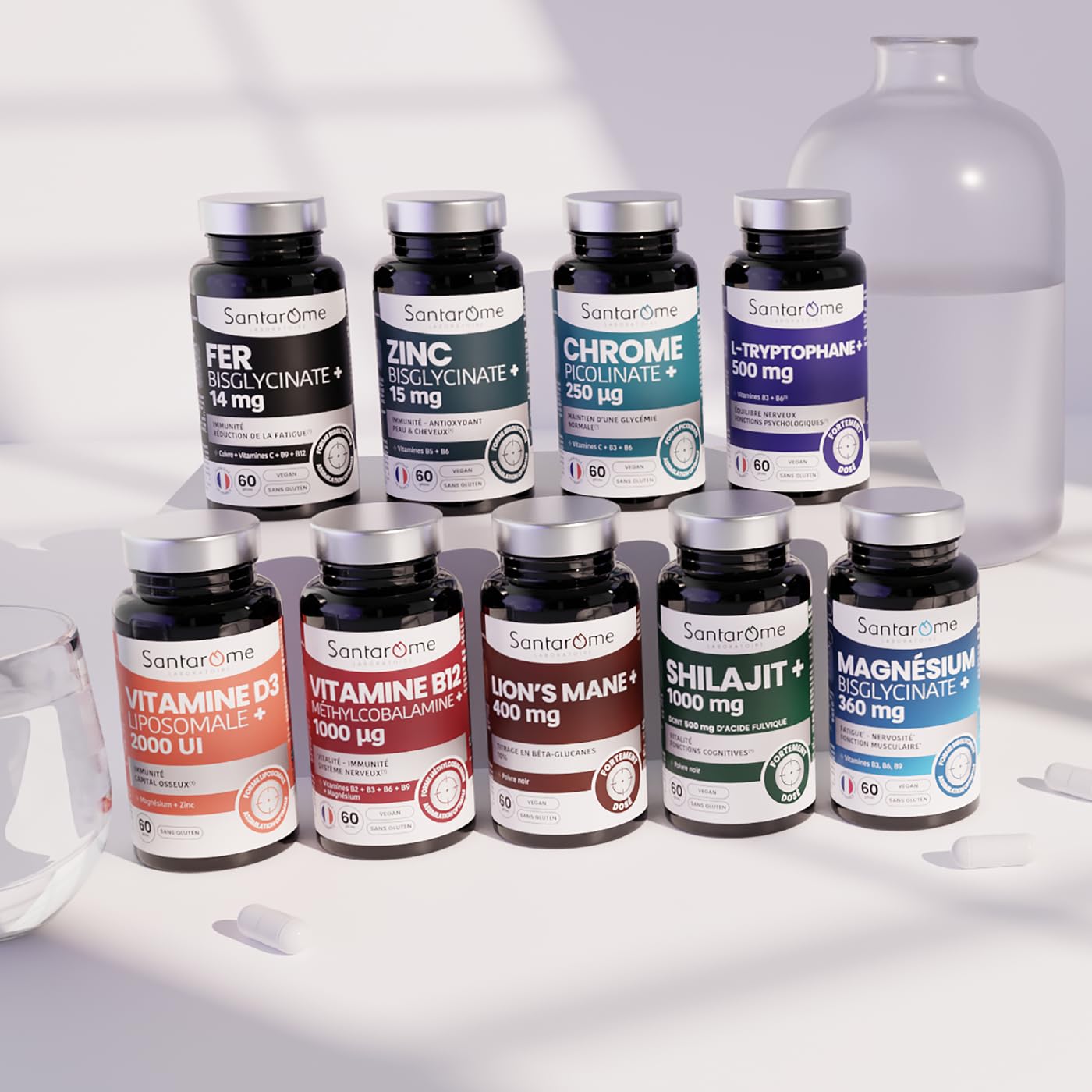 SANTAROME - Magnésium Bisglycinate 360 mg - Complément Alimentaire Fatigue & Stress - Haute Assimilation - Magnésium + Vitamines B3 B6 B9 - Vegan Sans Gluten - Fabriqué en France - 60 Gélules