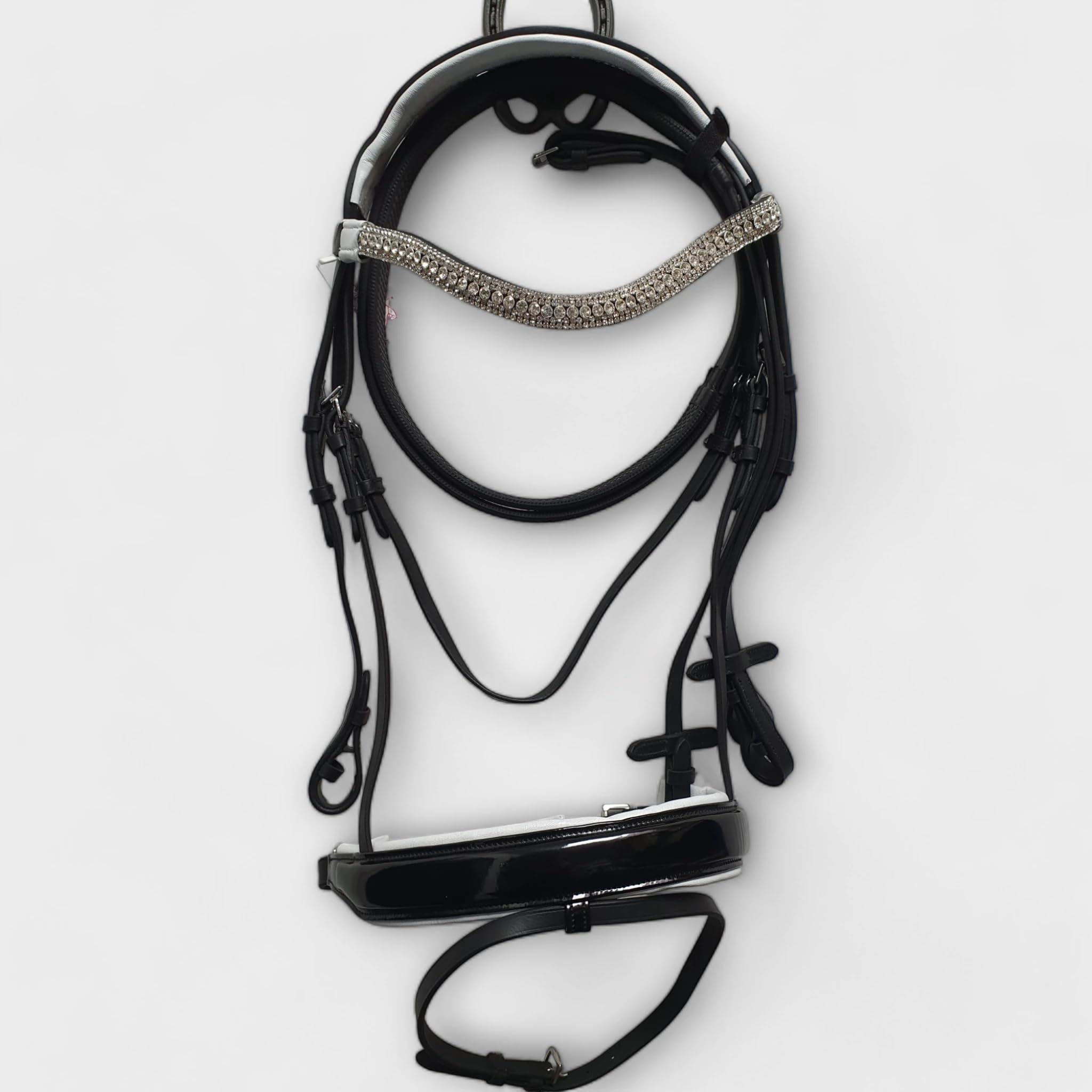 Comfortable Leather Horse Dressage Bridle Black White Diamante Browband with Patent Noseband (Shetland)