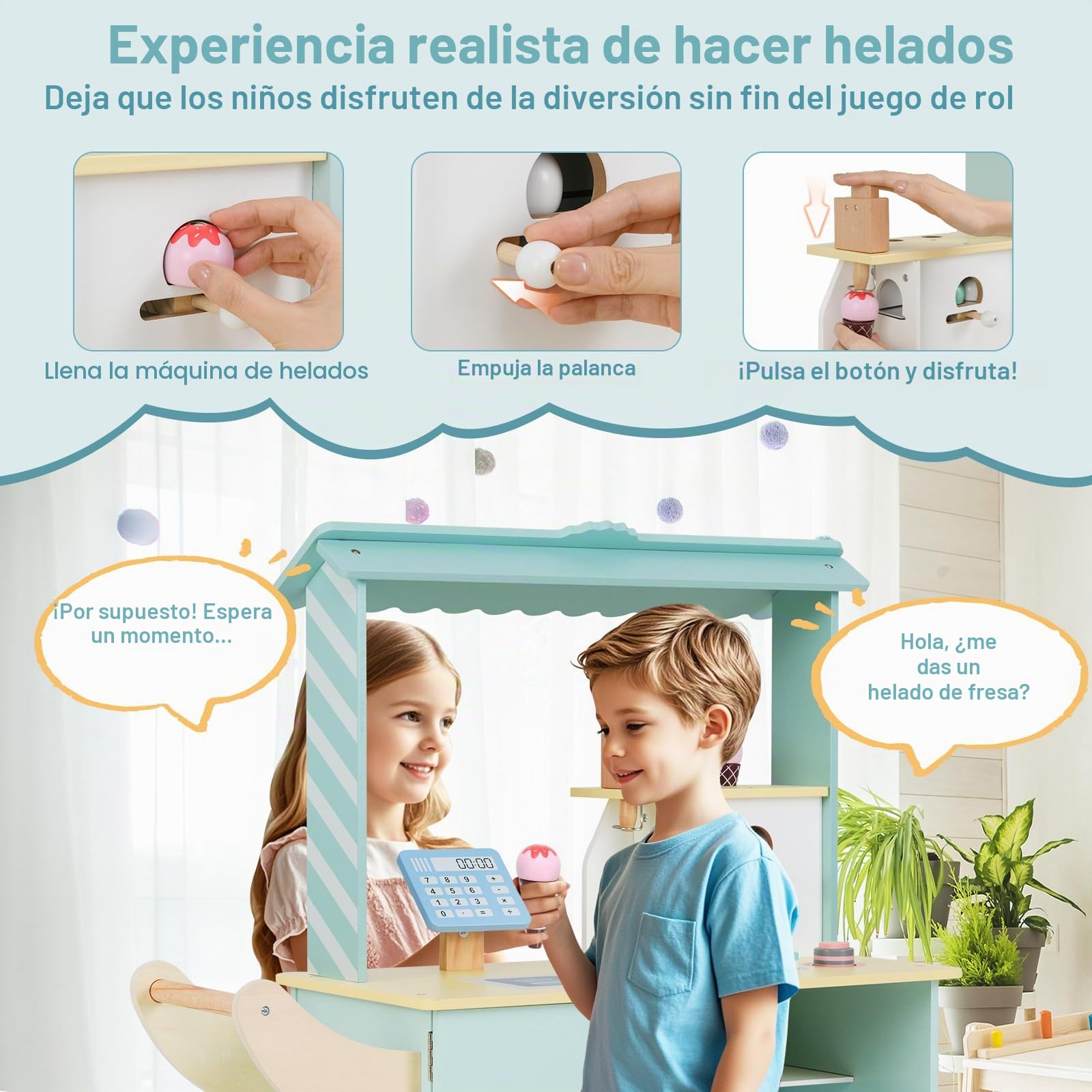 HOMASIS Carrito de Helados de Madera con 15 Accesorios, Juego de simulación con máquina expendedora, Expositor, Pantalla, Heladería con Ruedas y toldo para niños de 3+ años, 75,5x31x88cm (Verde)