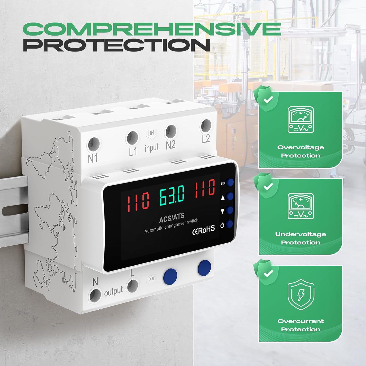 Automatic Transfer Switch 63A 110V, DIN Rail Mount Generator Transfer Switch with Automatic and Manual Operation, LED Display, Over Voltage and Over Current Protection, 50/60Hz