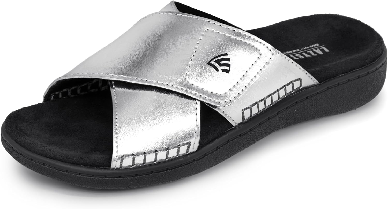 LazyStep Women's Lightweight Adjustable Cross Sandals Slide Slippers with Orthotic Arch Support(2024, Size 7, Silver)
