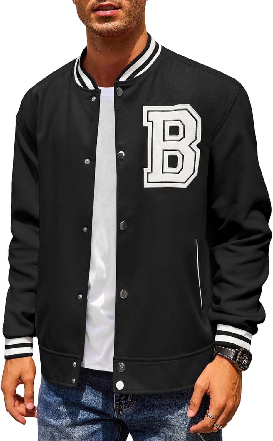 COOFANDY Men's Wool Blend Varsity Letterman Jacket - Lightweight Baseball Bomber for Fall Winter