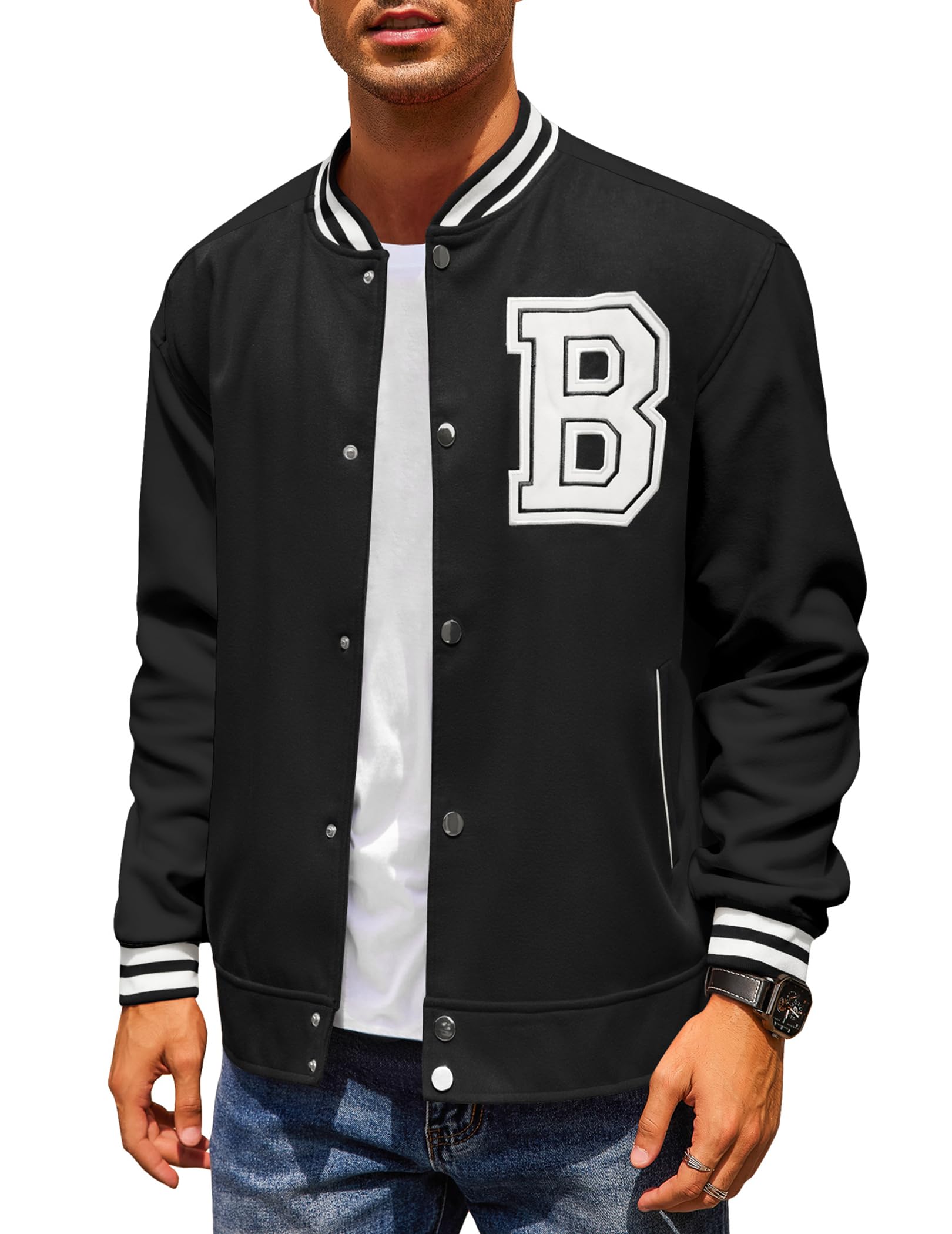 COOFANDYMen's Varsity Jacket Wool Blend Letterman Bomber Jacket Baseball Lightweight Jacket