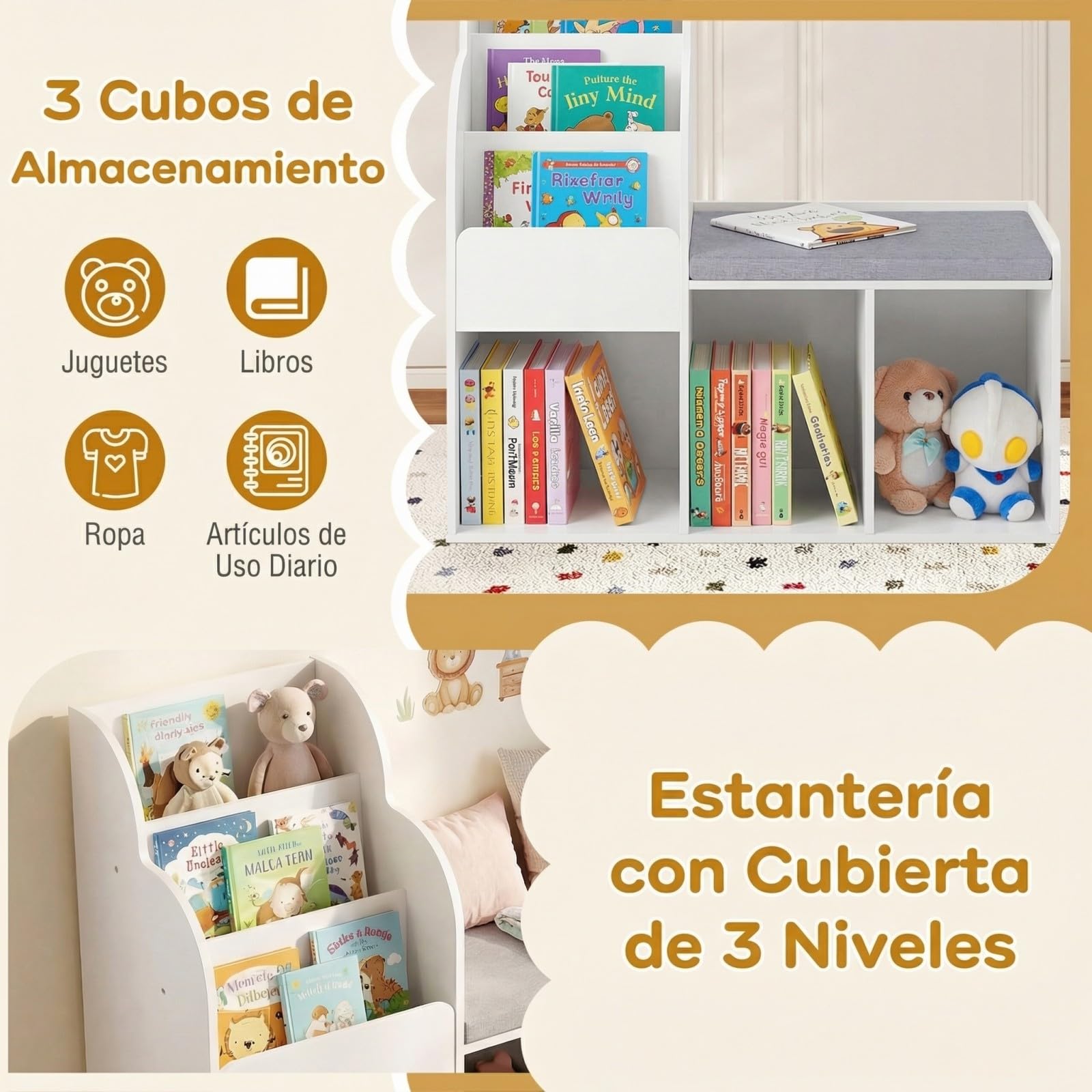 COSTWAY Estantería Infantil con Banco, Librería Infantil con Estantes de 3 Niveles, 3 Compartimentos Abiertos y Cojín de Asiento, Estantería para Niños para Dormitorio, Sala de Juegos