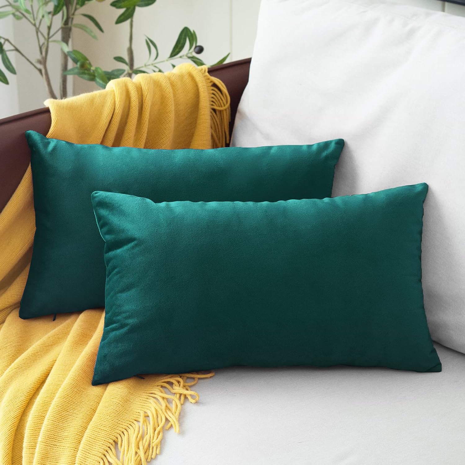 MUDILY Pack of 2 Velvet Soft Decorative Oblong Back Protecting Throw Pillow Covers Cushion Pillowcase for Sofa Chair Bedroom Car, Teal 12 x 20 Inch 30 x 50 cm