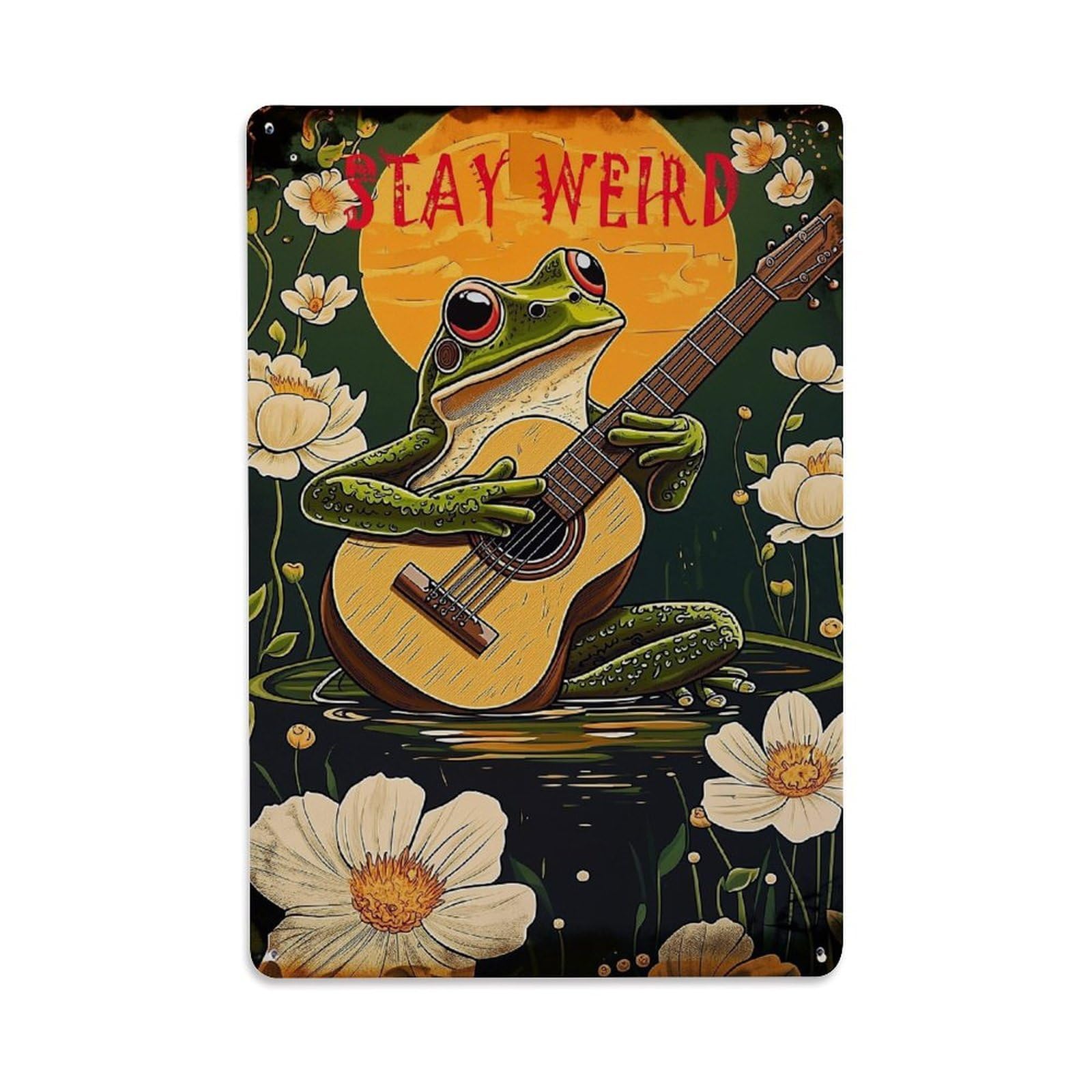 Jdfenggu Vintage Frog Playing Guitar Art Retro Metal Tin Sign, Metal Poster For Bar, Home, Man Cave, Kitchen, Laundry Room Art Decor 8X12 Inch
