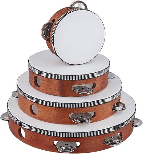 Miniatura 13 de 4 panderetas de madera de 4, 6, 8, 10 pulgadas, juego de panderetas de instrumentos musicales, campanas de batería de mano, jingles de metal, Marrón