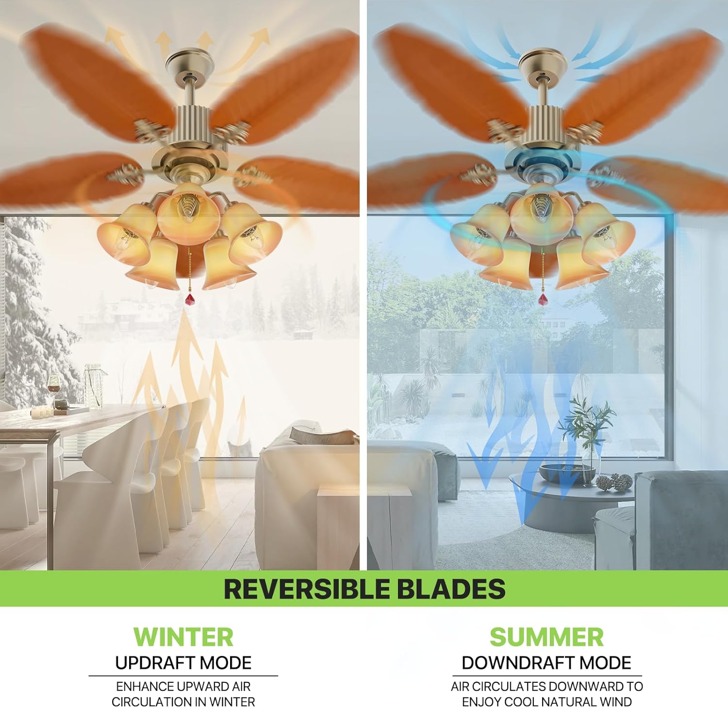 Magshion 52 Inch Ceiling Fans with Lights and Remote, Farmhouse Tropical Ceiling Fan, Reversible DC Motor, for Living Room and Patio, Compatible with E26 Bulbs (Not Included) - Golden
