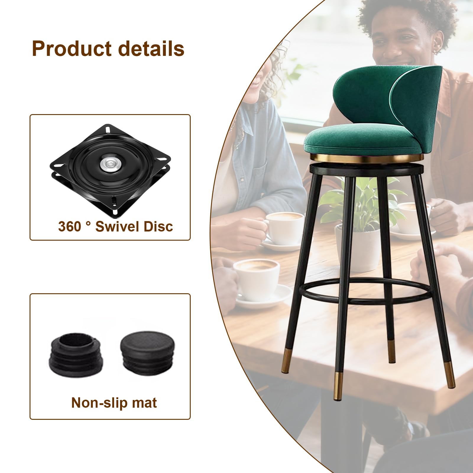 Ensemble de 2 tabourets de Bar pivotants, Assise Ronde en Velours Vert avec