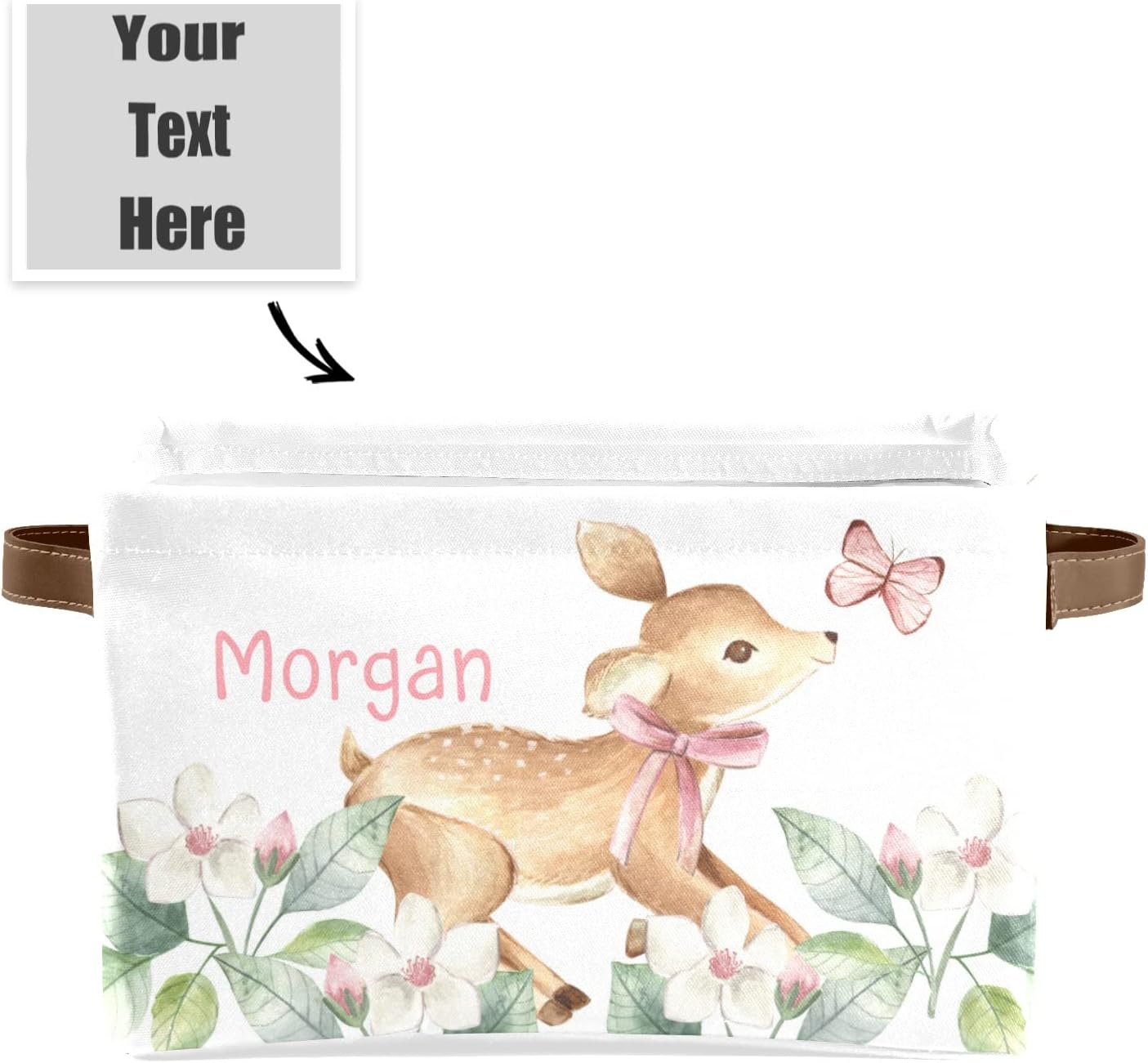 Floral Deer Pink Butterfly Personalized Storage Bins ,Baskets Cubes Organizer with Handle for Shelves Closet Nursery Toy 1 Pack