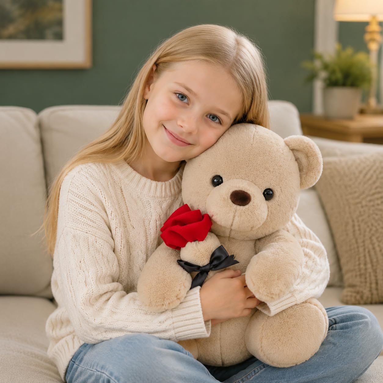 Oso de peluche con rosa, dulce peluche como regalo para niños, niñas, cumpleaños, Navidad, día de San Valentín (23 cm, marrón)