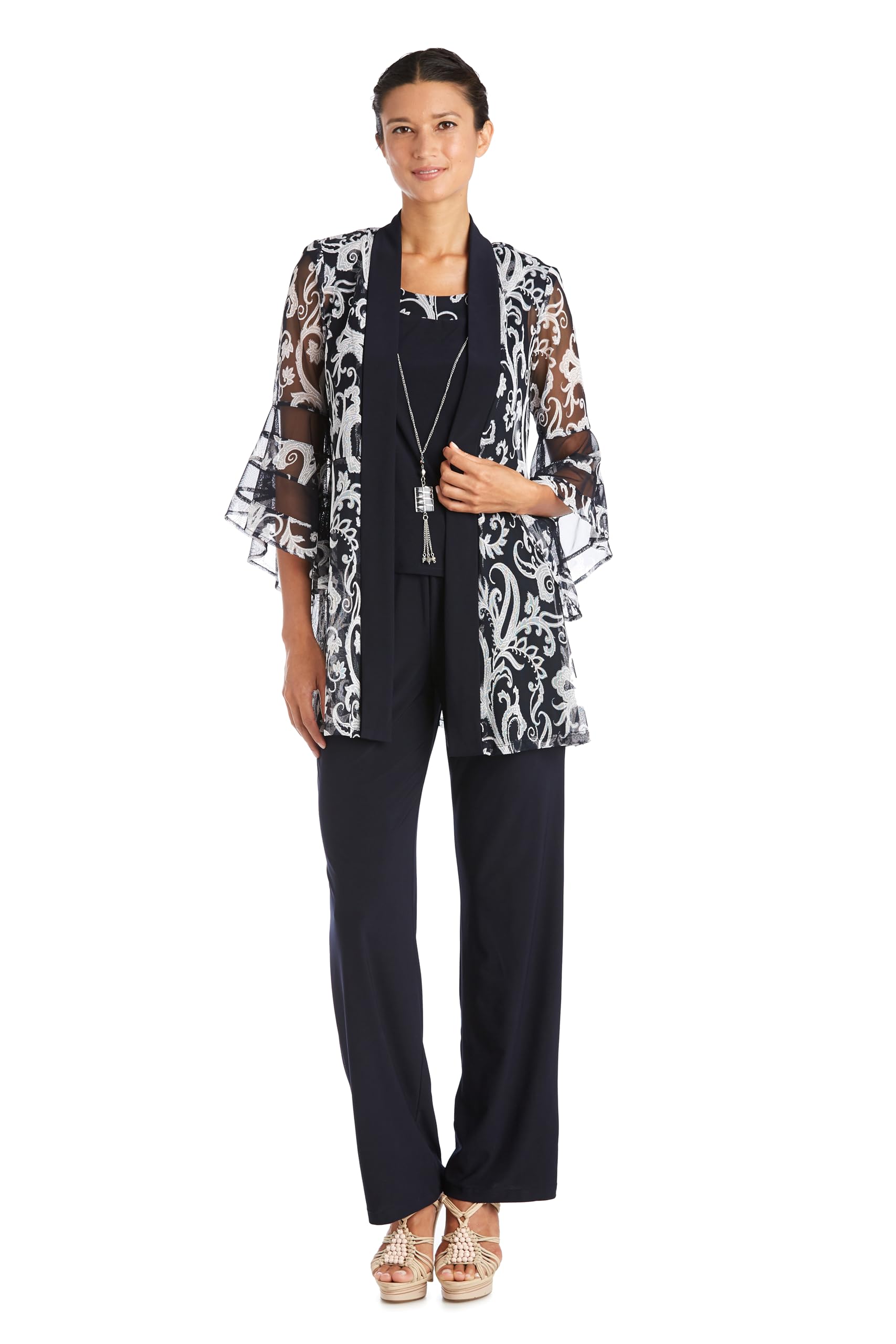 R M Richards Womens 2-Piece Jacket Dress Set W Beaded Neckline Sheer 3 4 Sleeve - Evening Party