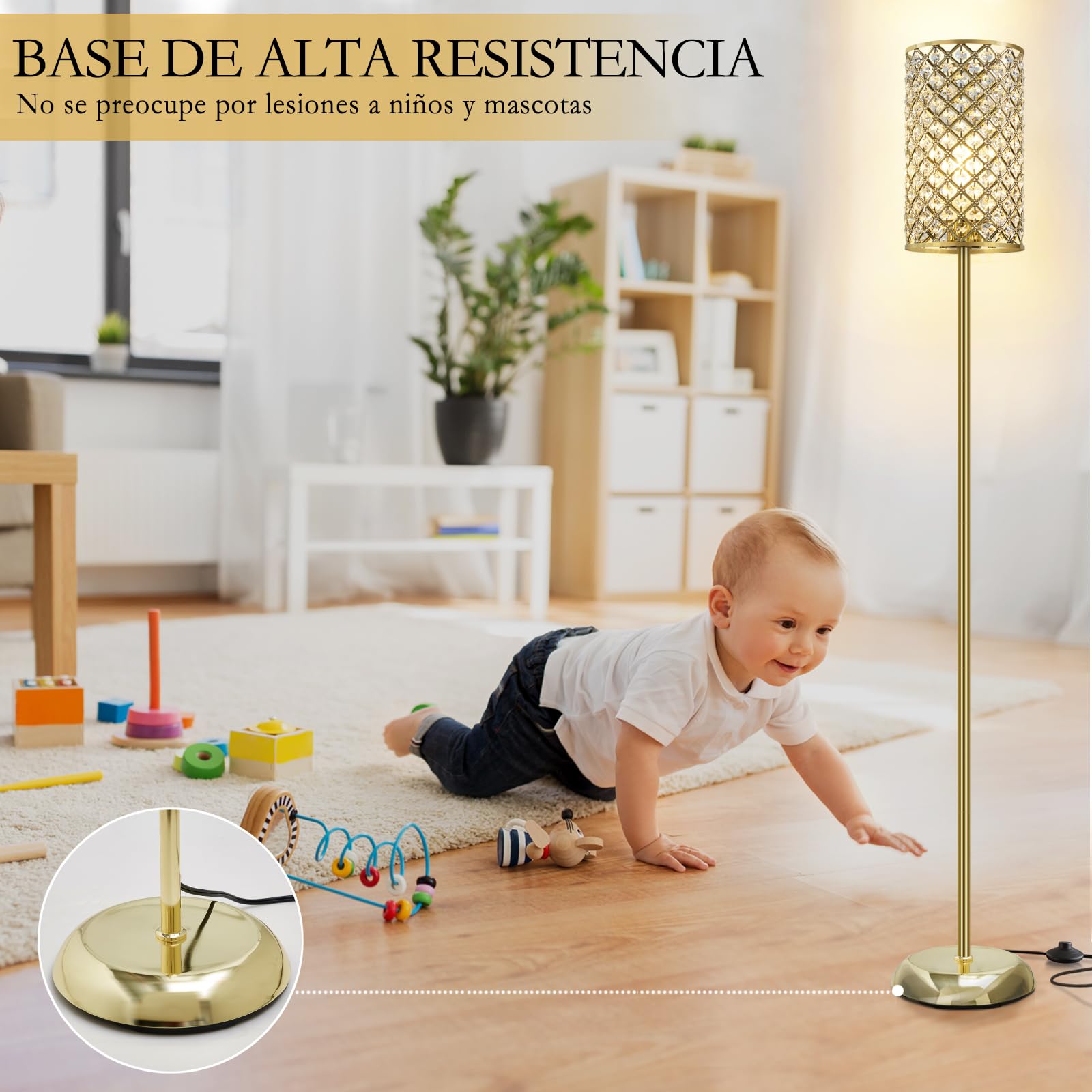 GyroVu Lámpara de pie, elegante lámpara de pie de cristal, moderna lámpara de pie con interruptor de encendido/apagado, iluminación para salón, dormitorio (Dorada)