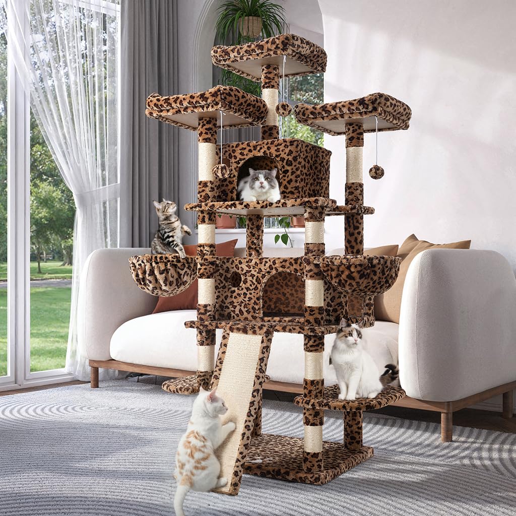 WEEWAY 68 Inches Multi-Level Large Cat Tree for Feline‌/Big Tower/Condo/Cozy Plush Kitty Perches/Fluffy Balls/Sisal Scratching Posts and Hammocks/Cave/Furniture Activity Center/Leopard Print