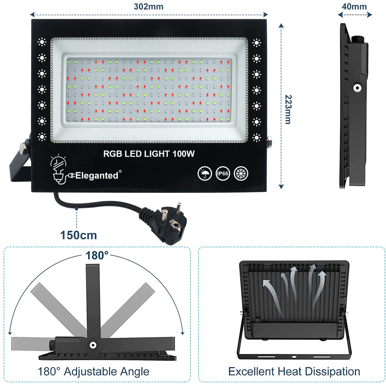 Eleganted Reflektory RGB 2 szt. 100 W LED kolorowe sterowanie aplikacją Bluetooth, 16 milionów kolorów, zmiana kolorów, IP66, wodoszczelny reflektor zewnętrzny na dyskotekę DJ, Halloween, imprezę, do