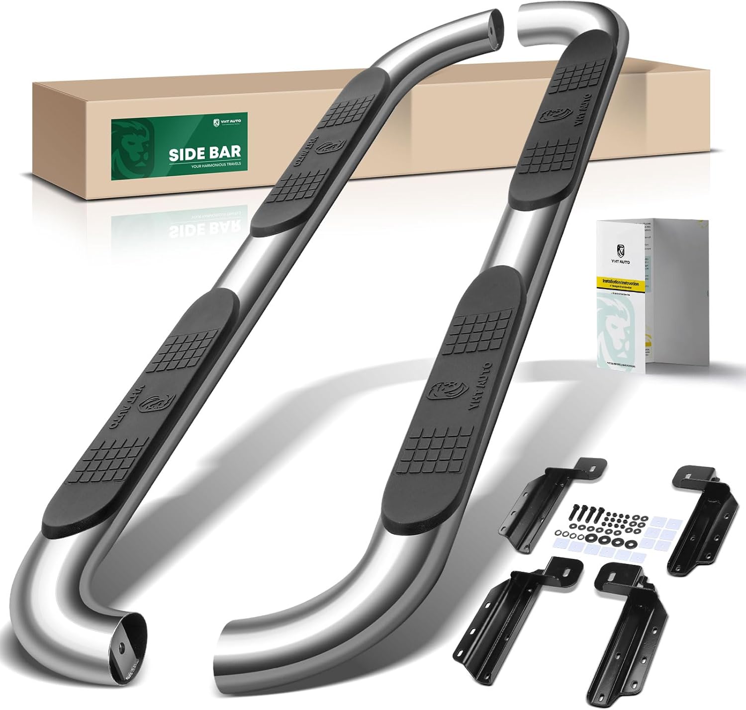 YHTAUTO 4 Inch Running Boards Side Steps Fit Ford F-150 2015-2026, F250/350/450/550 Super Duty 2017-2026, Extended/Super Cab, Oval Bent Ends Stainless Steel Polished Chrome, Truck Cab Side Step Rails