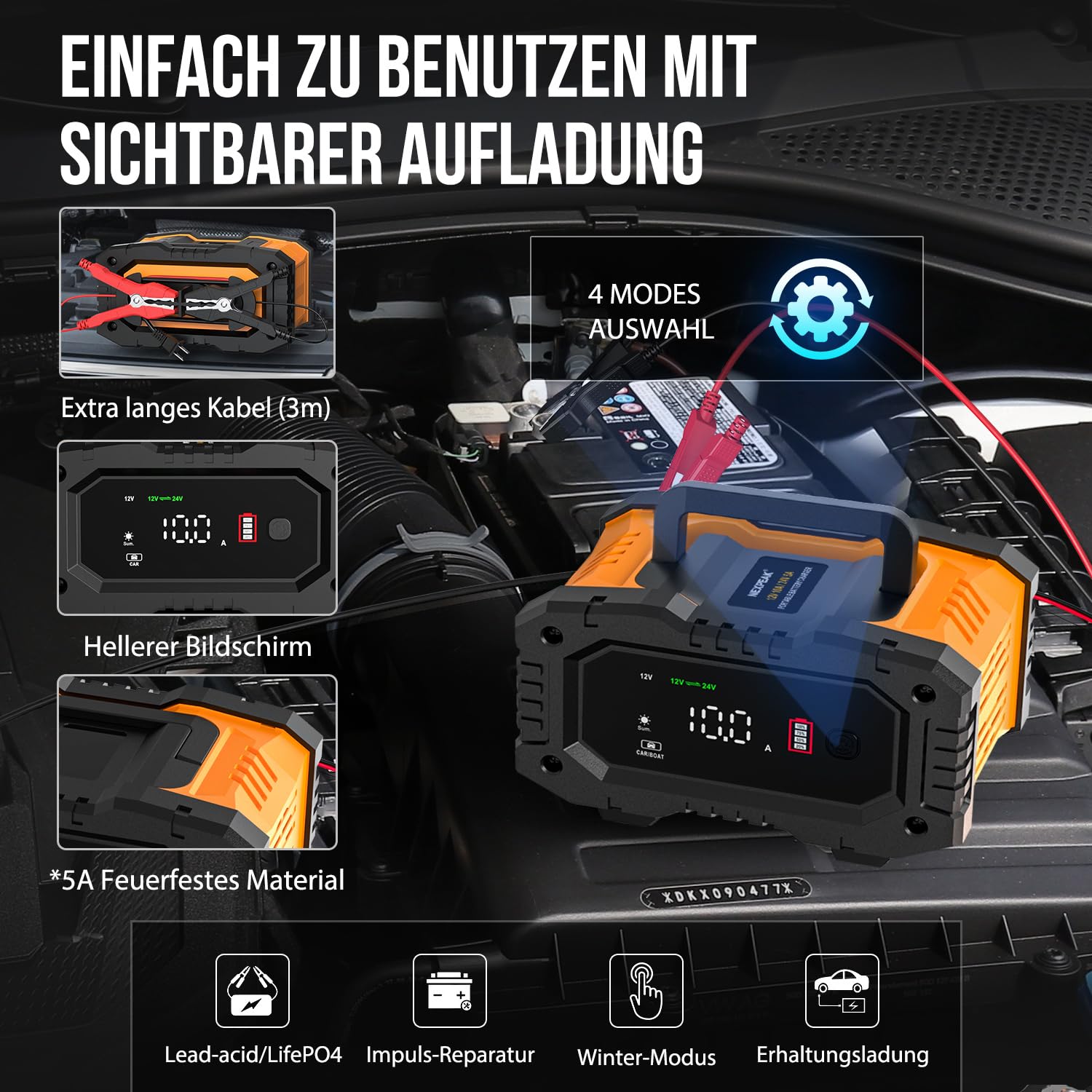 NEXPEAK NC202 10A Autobatterie Ladegerät, 12V 24V LiFePO4 Ladegerät, Batterie Ladegerät, KFZ Ladegerät, intelligenter Batterieladegerät mit Temperaturausgleich für PKW LKW Motorrad Rasenmäher