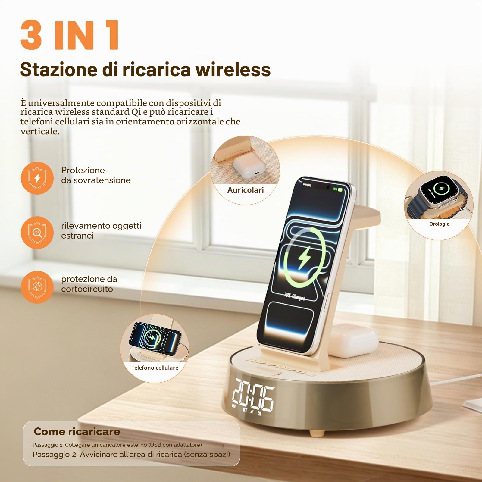 6 in 1 Caricatore Wireless per i-Phone e Sam-sung, Altoparlante Bluetooth | Radiosveglia, Stazione Ricarica per A pple Watch/Air-pods Wireless Charger con Luce Noctturna Regalo Uomo