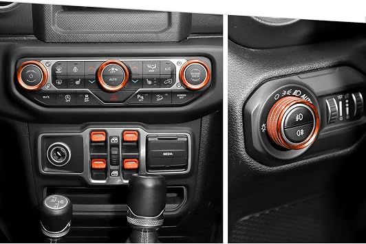 Jimen Fit for Jeep Wrangler JL JLU 2018-2025 & Gladiator JT 2020-2025, 8PCS Window Button Trim & Audio Volume Radio Knob AC Control Ring Air Conditioning Knob & Headlight Switch Knob Cover Orange