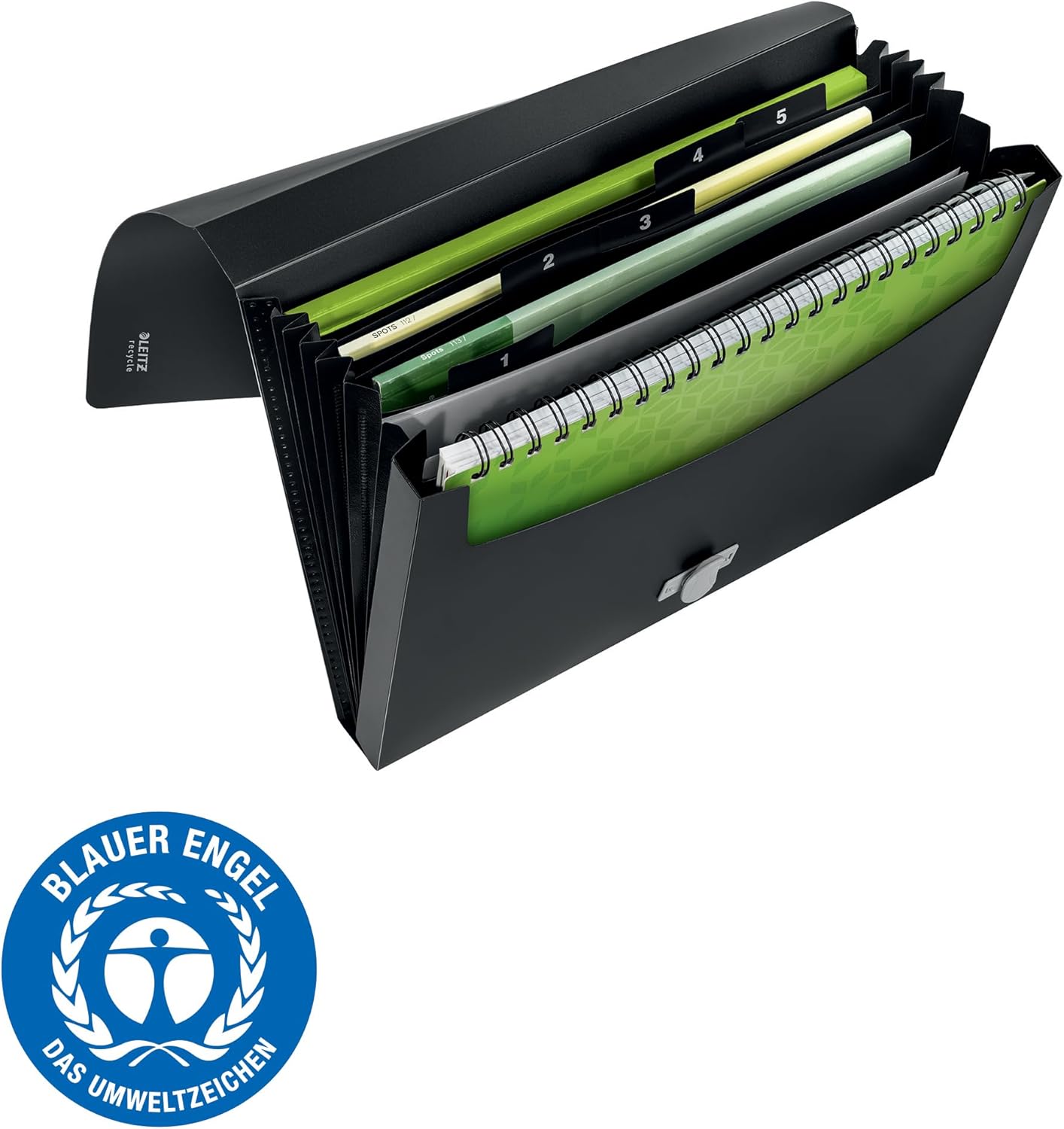 Leitz A4 Expanding Concertina File with 5 Compartments, 250 Sheet Capacity, 100% Recyclable, Opaque Plastic, Eco Friendly, Recycle Range, Black, 46240095