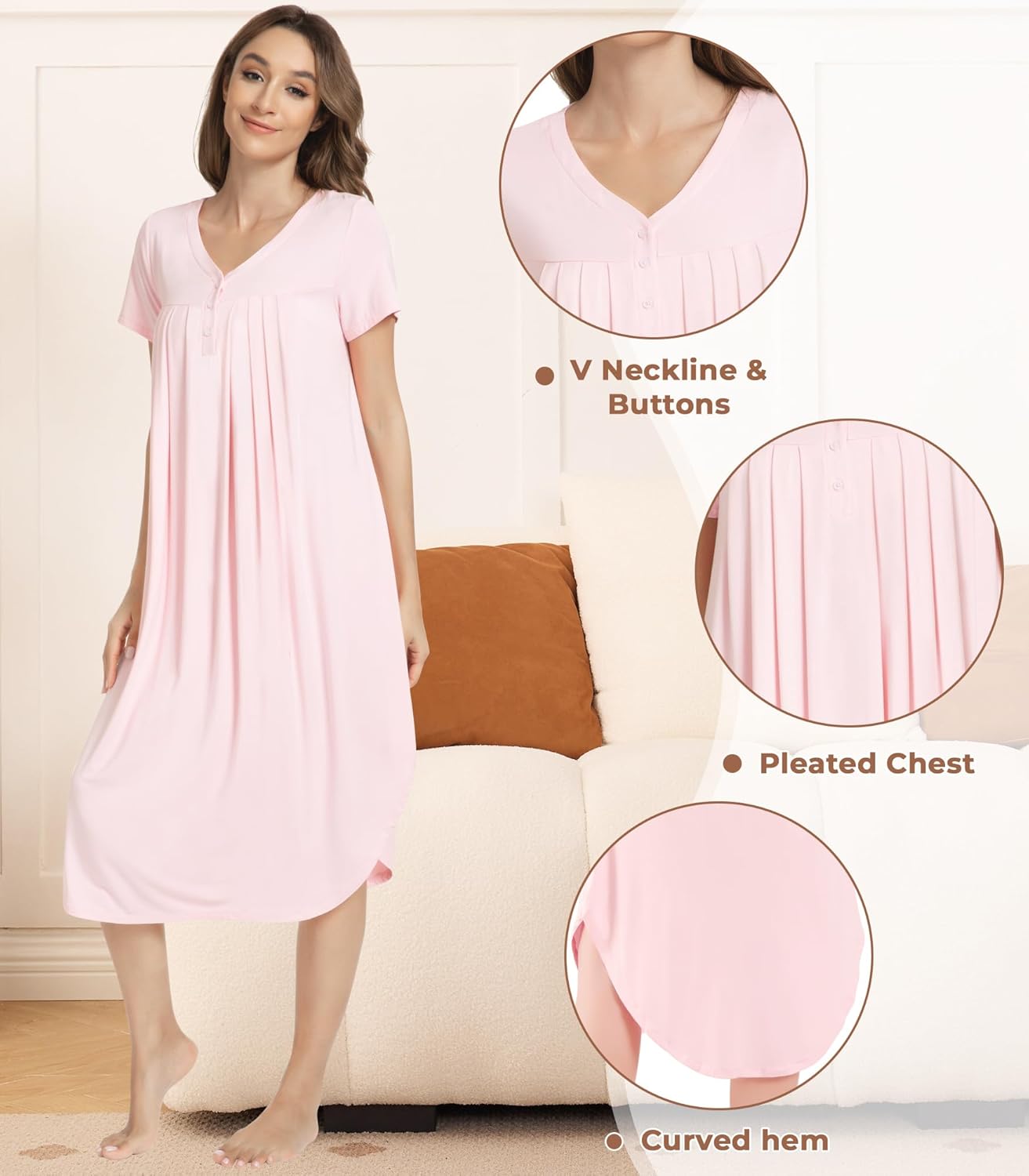 NACHILA Nightgowns for Women-Viscose Made from Bamboo, Short Sleeve Night Gown Cool Night Shirts Pleated Sleepwear - Image 4