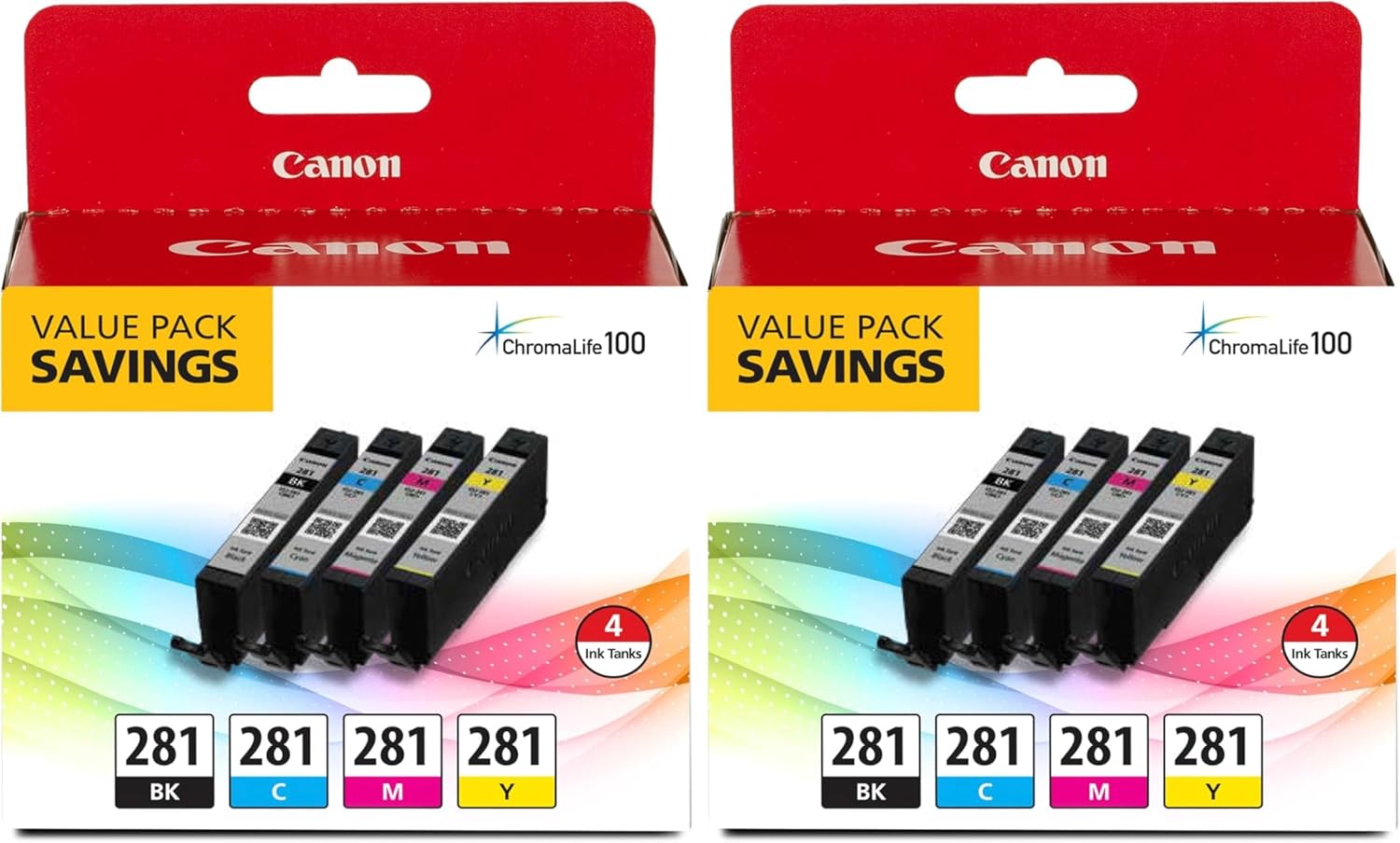 Canon CLI-281 Black, Cyan, Magenta and Yellow 4 Ink Pack, Compatible to TR8520, TR8620 Series, TS9120, and TS6210 Printers