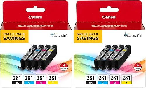 Canon CLI-281 Paquete de 4 tintas negras, cian, magenta y amarillas, compatibles con impresoras TR8520, serie TR8620, TS9120 y TS6210 (paquete de 2)