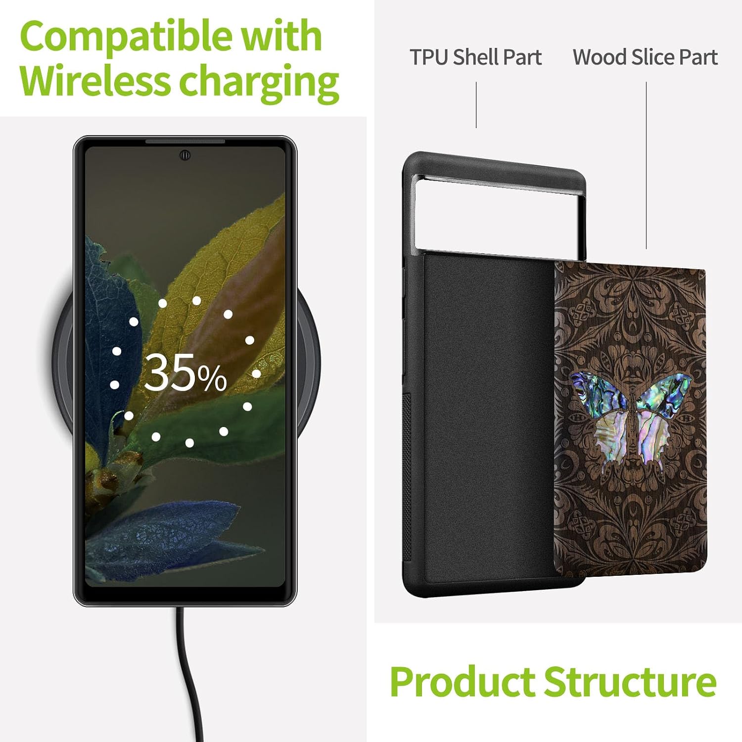 Carveit Designer Wooden Case for Google Pixel 6 Case Protective Cover [Wood Engraving & Shell Inlay] Compatible with Wireless Chargers Pixel 6 (Baroque Butterfly-Walnut)