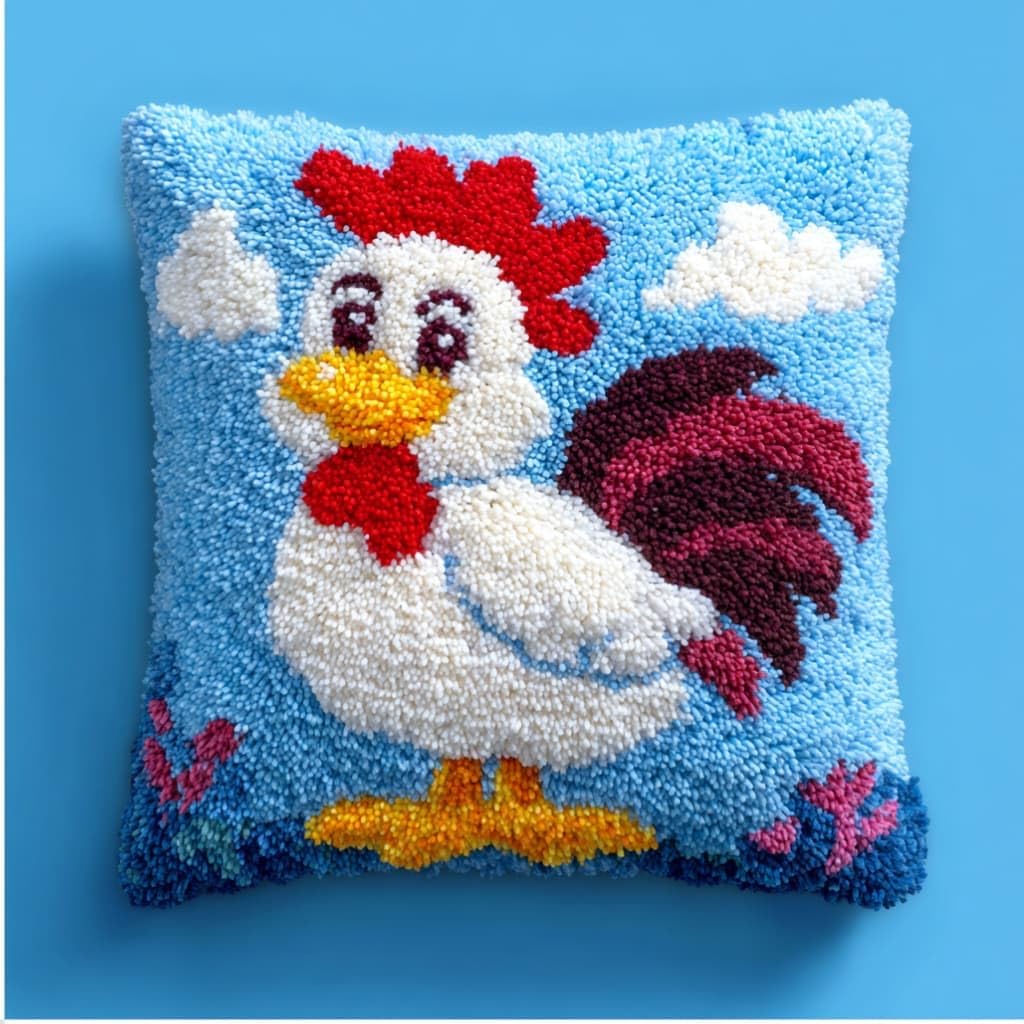 WallustrioaW Latch Hook Kit Cushion Rooster 43Cmx43Cm Latch Hook Kit DIY Pillow Materials Package Hooks Knitted Embroidered Carpet Pillow Embroidery