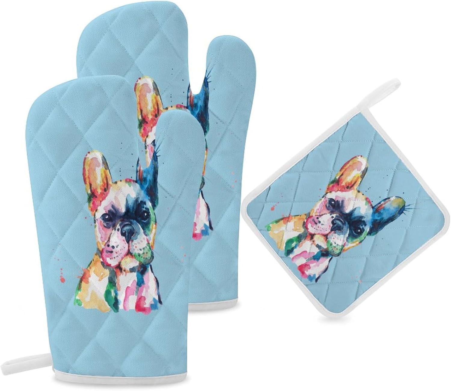 Watercolor French Bulldog Print Oven Mitts and Pot Holders 3 Piece Sets Heat Resistant Gloves Hot Pads Potholders for Kitchen Baking Cooking