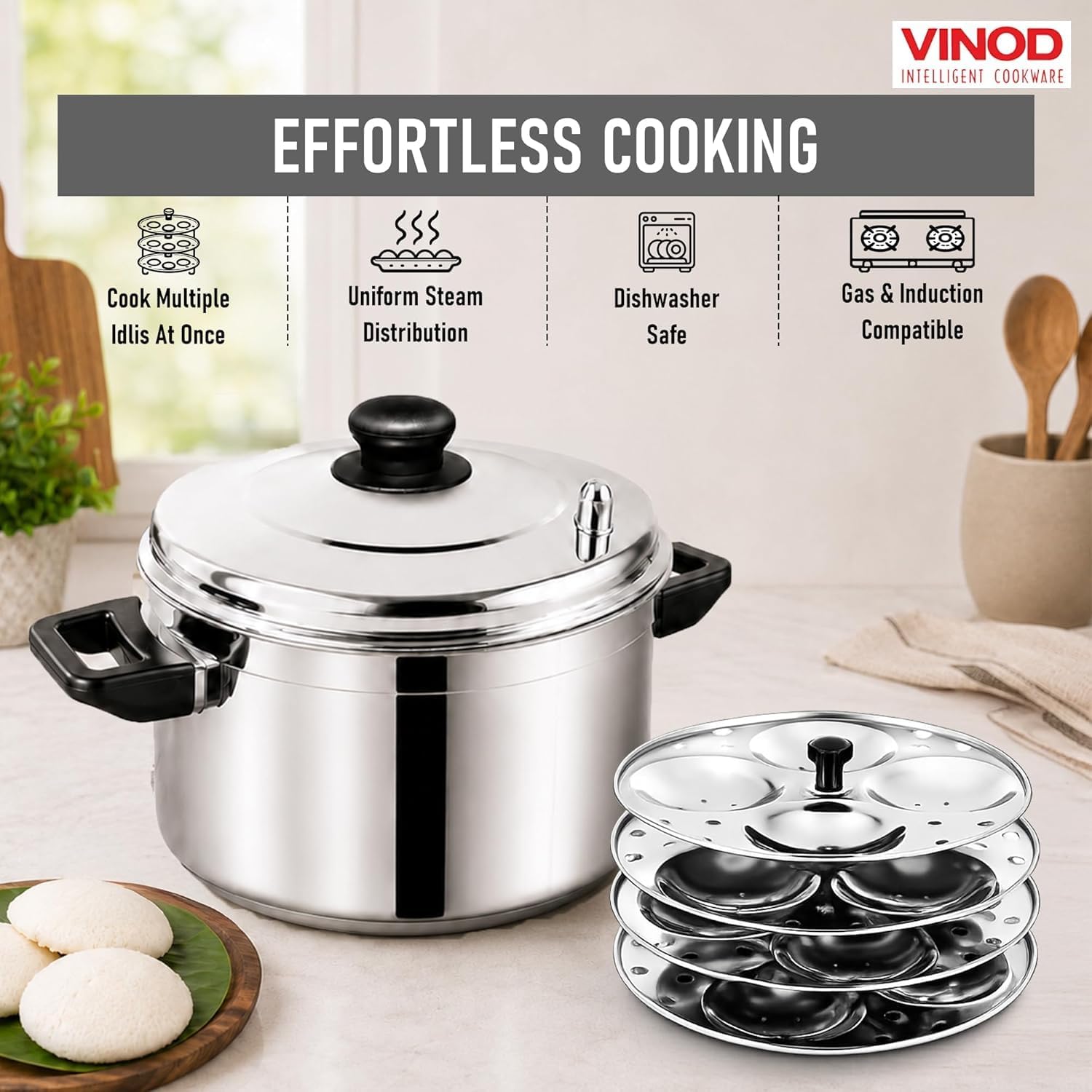 Vinod Professional Idli Stand – 4 Tier Stand – Makes up to 16 Idlis – Easy Cleaning – Stainless Steel Body - Suitable For Indian Cooking – Food Grade Idli Plates For Cooker, Electric Pot, Insta Pot