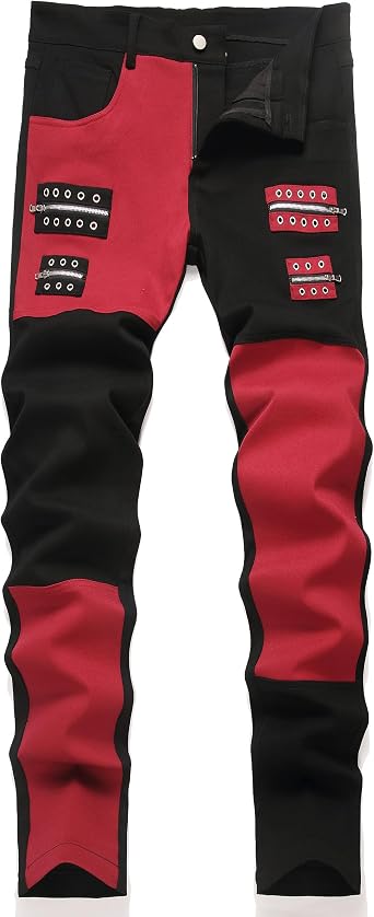 JE&NS Mens Punk Pants Slim Fit Ripped Design Metal Eyelets & Zip Accents