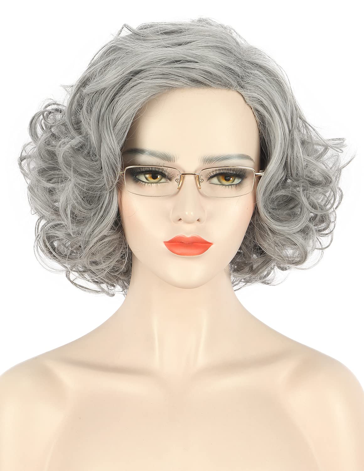 karlery Old Ladies Short Bob Curly Grey Wig Natural Looking Daily Halloween Cosplay Party Wig