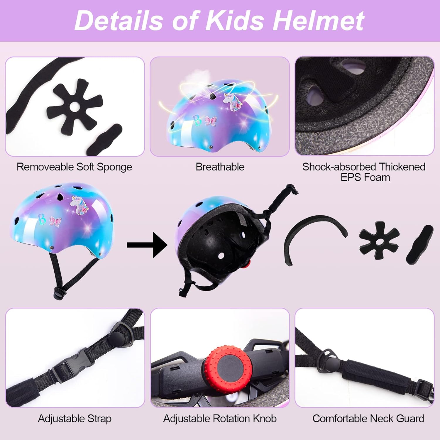 Kids Helmet, Toddler Bike Helmet with DIY Stickers Unicorn Knee Pads and Elbow Pads Set Adjustable Protective Gear Set for Girls Age 3-5-8 Years fit Roller Skates, Bicycle, Skateboarding, Scooter