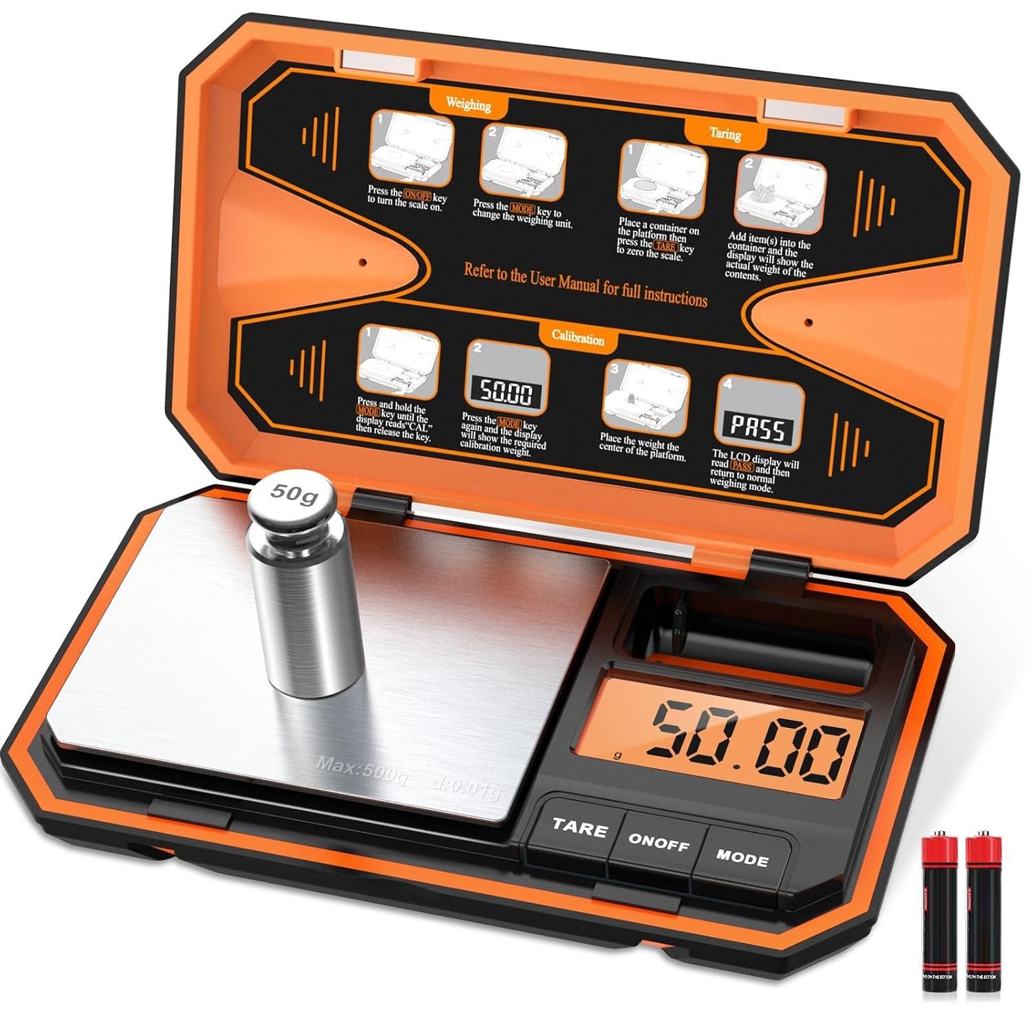 ORIA Digital Pocket Scale, 500g/0.01g High Precision Gram Scale with 50g Calibration Weight, Tare Function, 6 Units, Mini Portable Scale for Coin, Jewelry, Food, Coffee, Battery Included, Orange