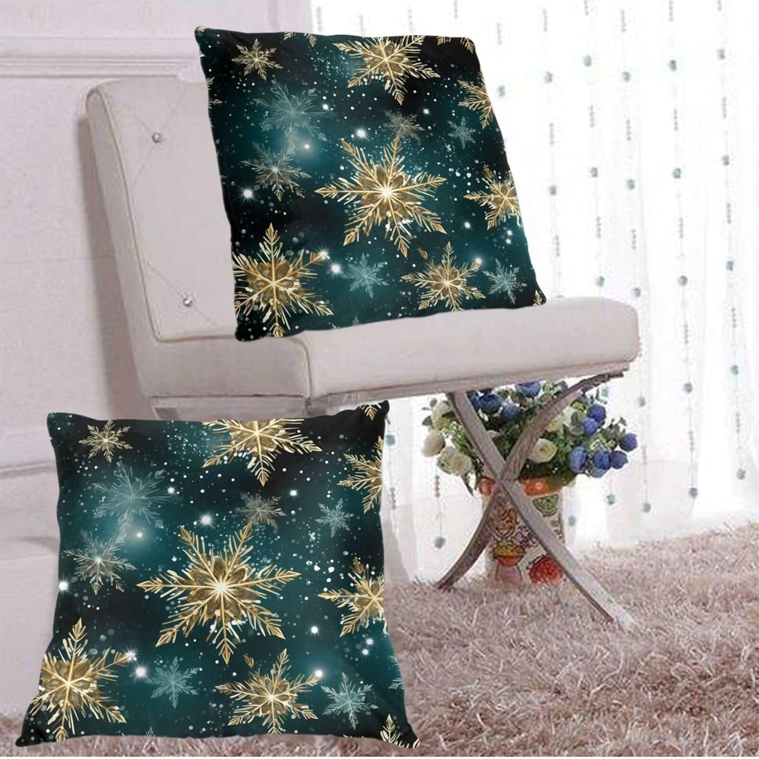 Winter Snowflake Christmas Throw Pillow Covers 20x20 Inch Soft Square Cushion Covers for Couch Sofa Bedroom Living Room Decor Set of 2 Decorative Pillowcase