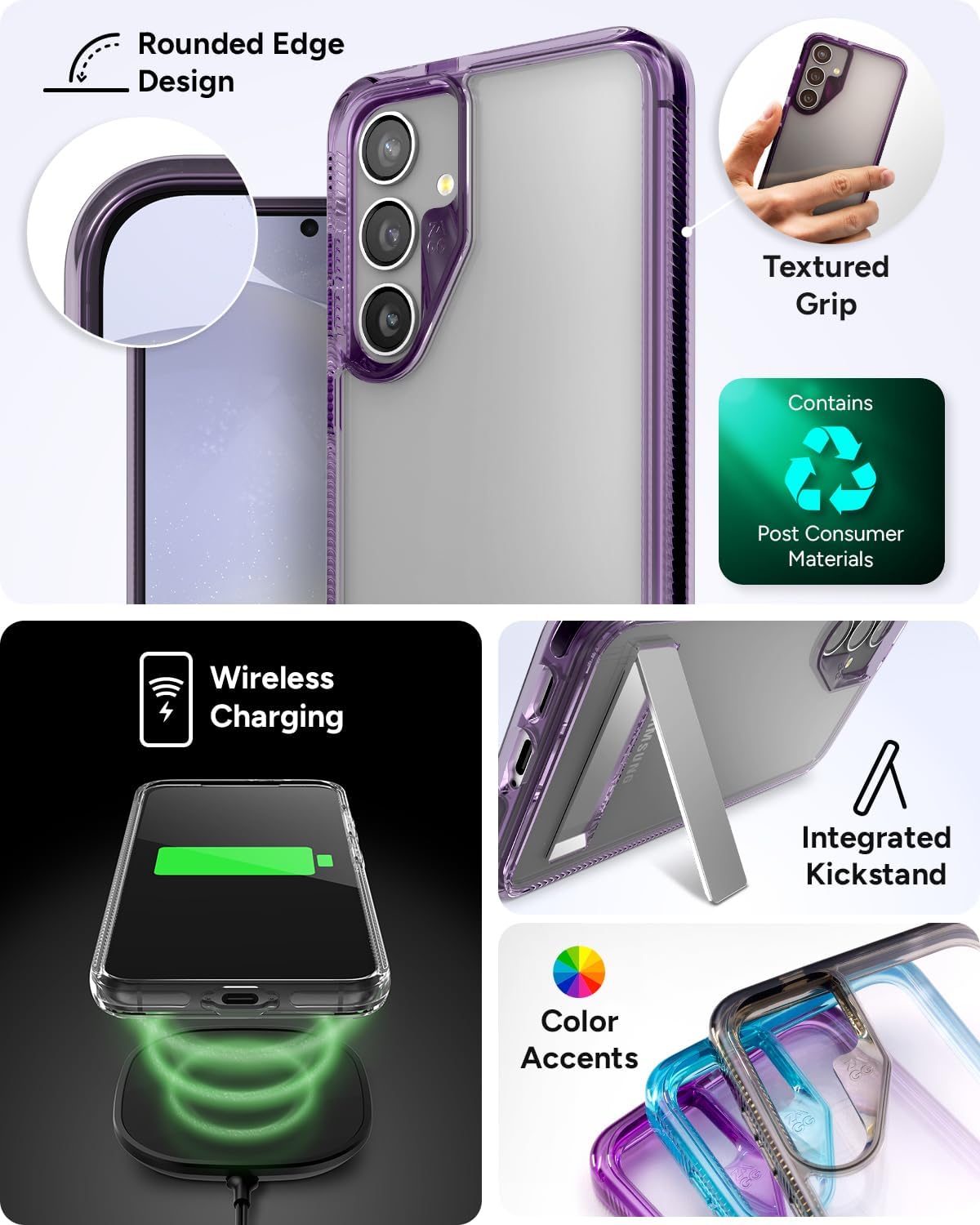 ZAGG Santa Cruz Samsung Galaxy S24+ Case with Kickstand - Graphene-Enhanced, Drop-Resistant up to 13ft, Ultra Slim, Clear Case with Color Accents, Grape Purple