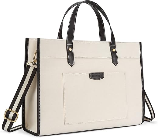 Missnine Laptop Handbag Women's Canvas Laptop Bag 15.6 Inch Shoulder Bags Women's Briefcase Women's Briefcase Notebook Bag Padded Laptop, Black & Beige, Modern