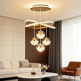 Trailabo Luminárias LED de Teto, 3 Temperaturas de Cor, Luz Linear em Forma de Anel + Quatro Luminárias Pendentes. Adequadas para Salas de Estar, Salas de Jantar e Quartos.