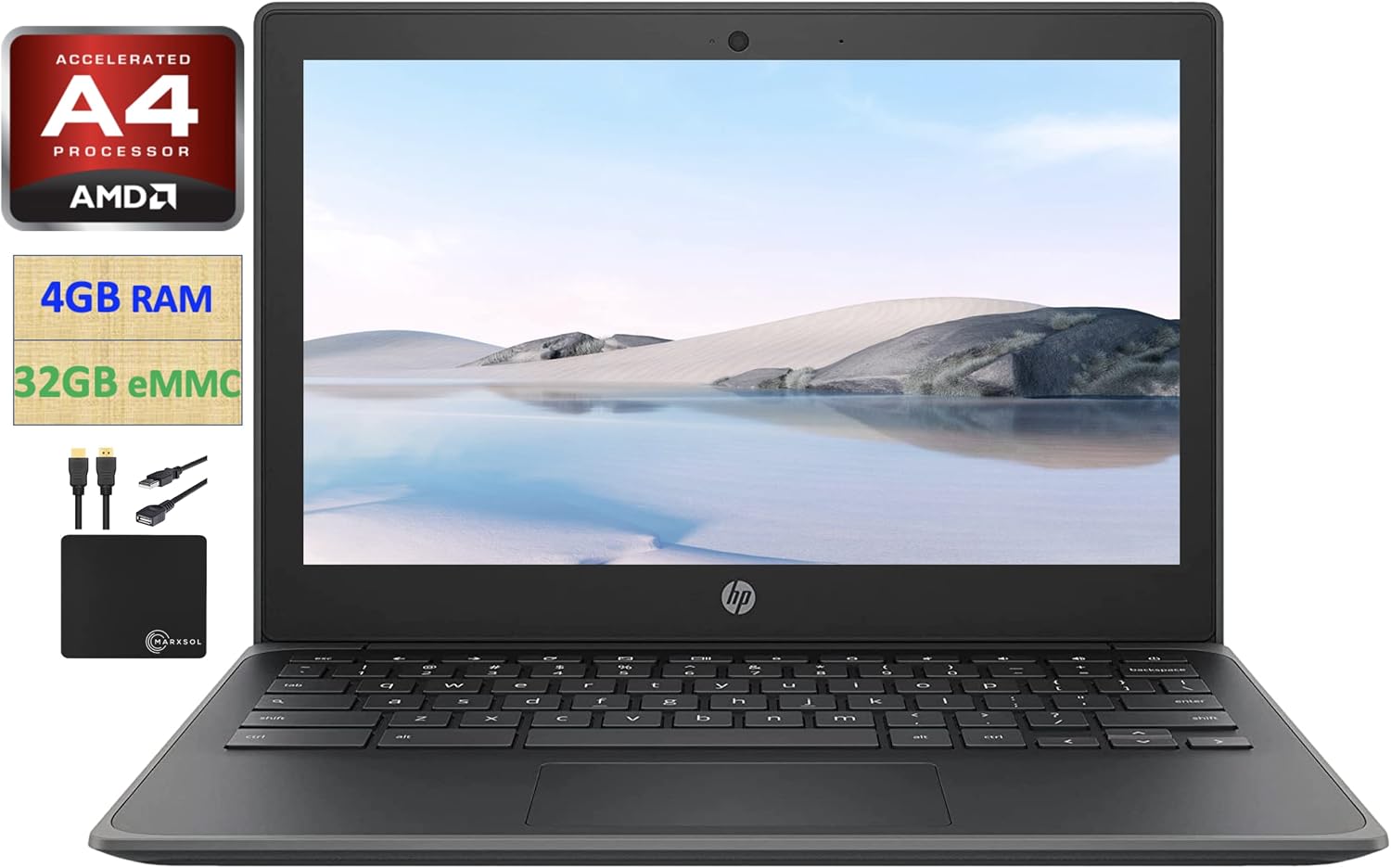 HP 2022 Newest Chromebook Laptop Student Business, 11.6" HD Display, AMD A4-9120C Processor (Up to 2.4GHz), 4GB RAM, 32GB eMMC,HD Webcam,WiFi 5, Bluetooth, Long Battery Life, Chrome OS +MarxsolCables