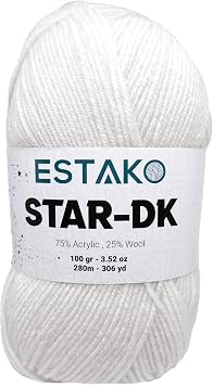 Estako Star-DK Yarn - 75% Acrylic 25% Wool - Soft Lightweight DK #3-100g 3.52oz, 280m 306 yds - Crochet & Knitting Yarn 30187 - White