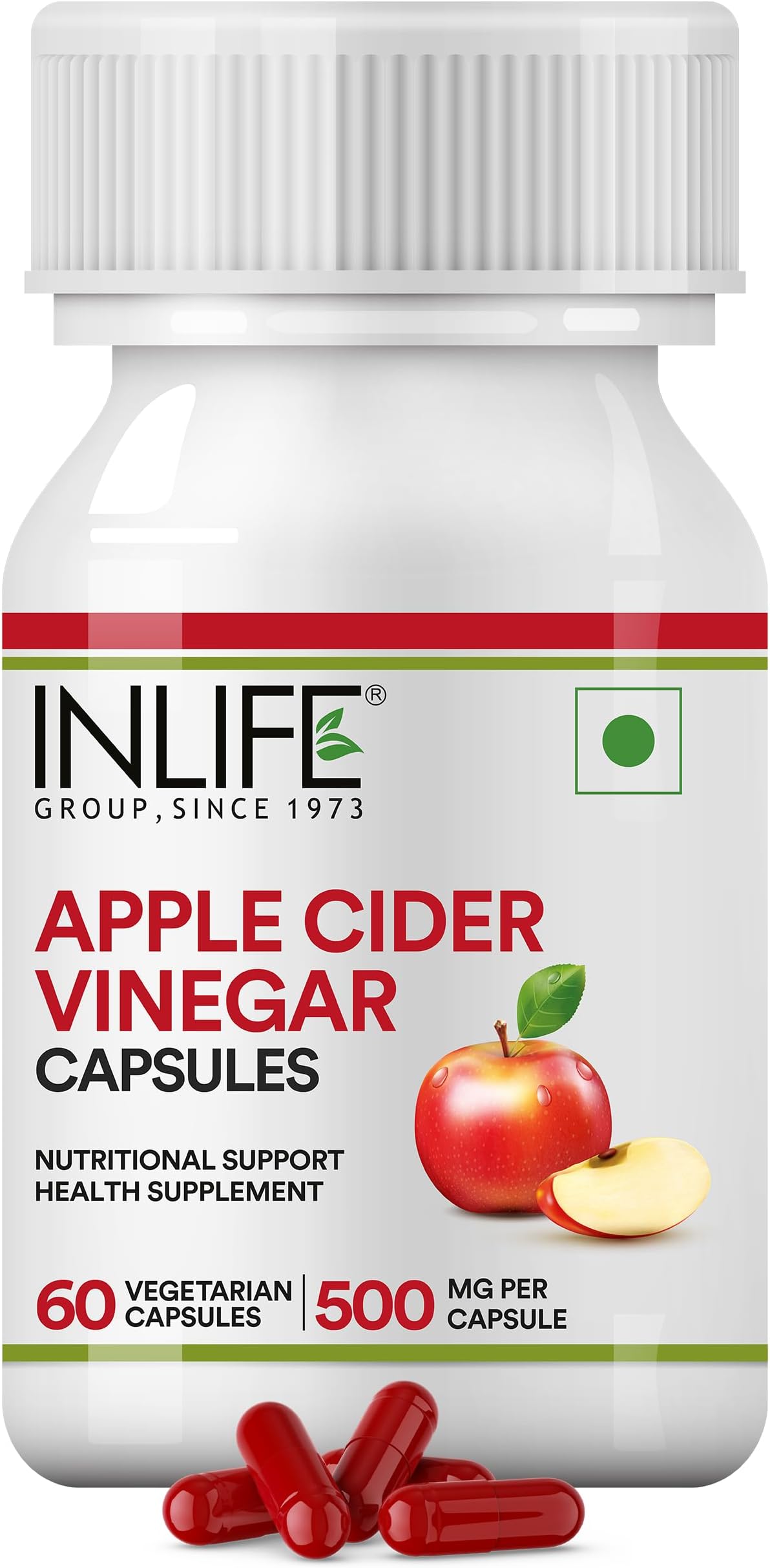 Apple Cider Vinegar Supplement| Plant Based Nutrition, 500mg - 60 Vegetarian Capsules (Pack of 1, 60)