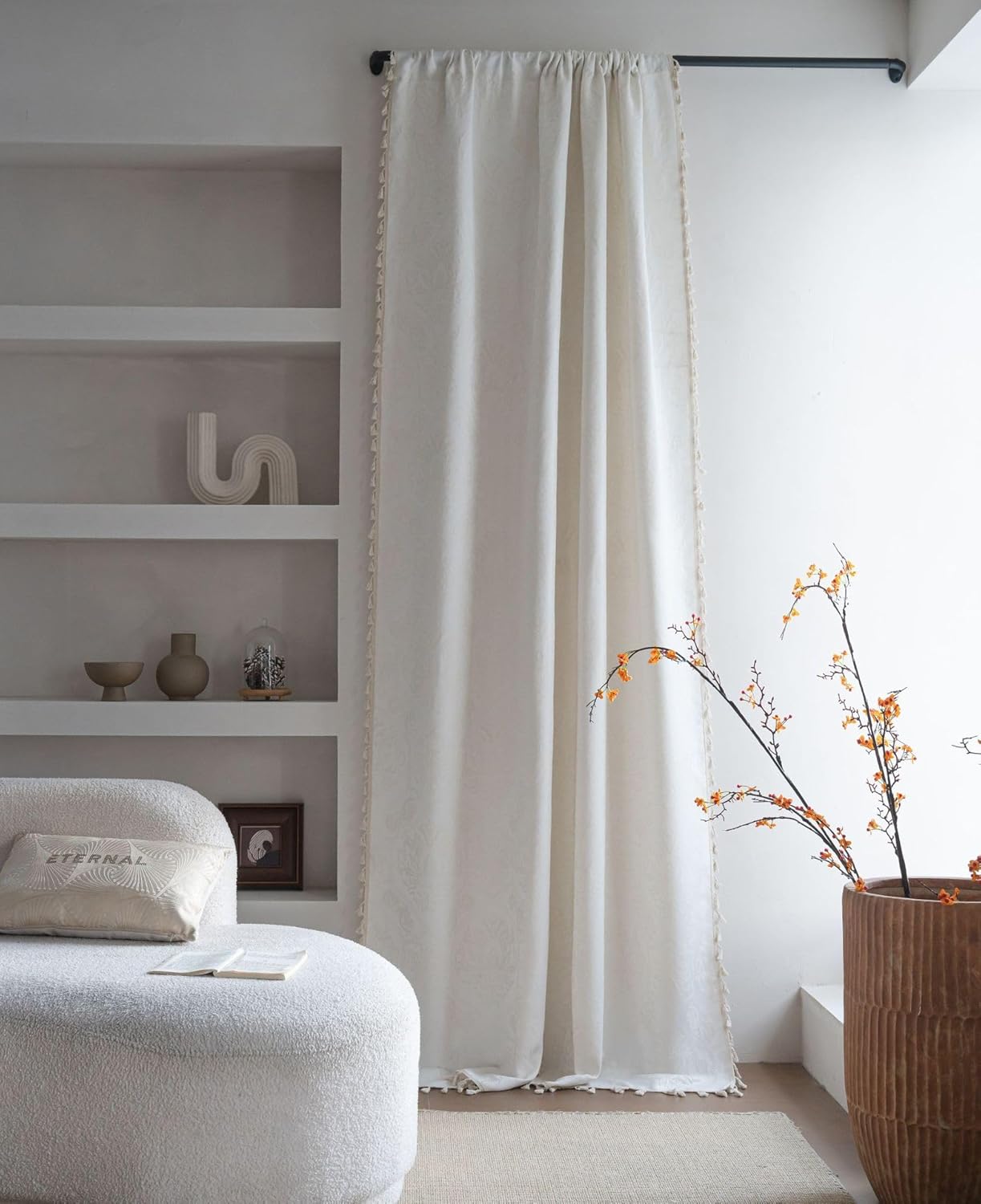 Boho Jacquard Curtain 71 Inches Long Semi Blackout Window Treatment European Vintage Floral Drape Tassels for Bedroom Living Room, 1 Panel, White